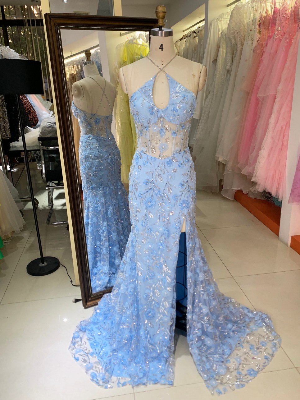 princess polly baby blue dress Sky Blue Tulle A Line Lace Sleeveless Floor Length V Neck Prom Dress, –  Simidress main image 1