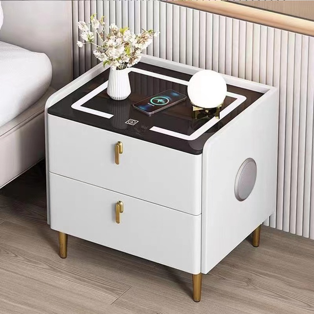 Modern Luxury Smart Bedside Table With Wireless Charging Bluetooth Speaker Fingerprint Lock LED Light for Bedroom Nightstand