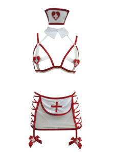 Set Costume da Infermiera per Halloween, Lingerie Sexy con Croce Rossa, Copricapo, Reggicalze, Rete Trasparente Bianca, Eco-Friendly, Sottile, per Giochi di Ruolo - Product Image 5