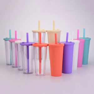 Gobelets réutilisables en plastique mat à double paroi de 24 oz avec logo personnalisé, couvercles et pailles, pour cadeaux d'affaires - Product Image 1