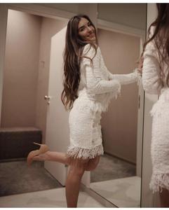 Nanchang Xihui <span class=keywords><strong>giacca</strong></span> da donna in <span class=keywords><strong>Tweed</strong></span> <span class=keywords><strong>di</strong></span> lana con frange stile caldo con bordo a baffi donna abito da donna bianco - Product Image 3