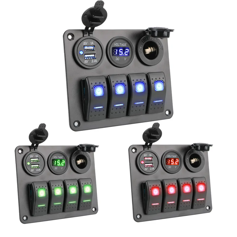 Car switch panel 4 Gang Circuit Dual USB Port Aluminum Panel Digital Voltmeter LED Rocker Switch Panel