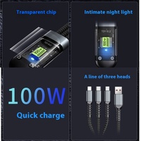 Câble de téléphone portable 3-en-1 à charge rapide 100W 5A USB 3.0 Type-C avec conducteur en cuivre pur et gaine en nylon tressé transparent 1,2m