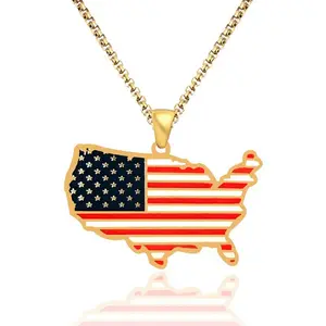Hot Sale Drop Oil American Flag Pendant Necklaces National Day Jewelry Personality 18k Gold Chain Enamel USA Map Necklace Unisex
