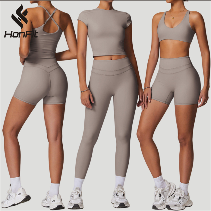 HONFIT OEM Sanded Tight Beautiful Back Yoga Suit Elastic High Waist Fitness Clothes Women's Running Fitness Sports Seamless Set