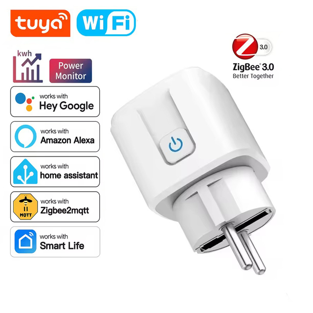 TUYA Smart Plug WiFi or Zigbee3.0 Socket EU 16A/20A Power Monitor Timing Function Voice Control Work With Alexa Google Home