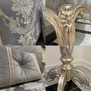 Canapé deux places Rococo en feuille d'argent, damassé gris, sculpté à la main, style français, mobilier de salon classique de luxe - Product Image 4