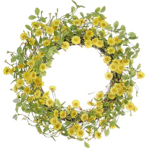 Artificial Wreath Spring And Summer Wreath With Yellow Daisy Green Leaves For Outdoor Or Home Window Festival Decoration