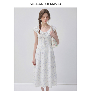 VEGA CHANG Abito Bianco con Stampa Floreale e Collo Arricciato per Donne, con Dettaglio Fiocco e Tessuto in Chiffon, Abito Midi Casual - Product Image 3