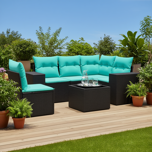 Ensemble de canapés de patio en polyrotin noir moderne, 6 pièces, meubles d'extérieur avec coussins, design contemporain - Product Image 2