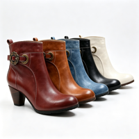 Bottes courtes à bride métallique florale de style antique, conception OEM, pour femmes, imperméables, à bout rond, en cuir, hauteur cheville