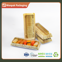 Boîte d'emballage pour sushis en plastique PET de qualité alimentaire, rectangulaire, transparente, avec couvercle anti-buée, design imitation bois, jetable, vente en gros