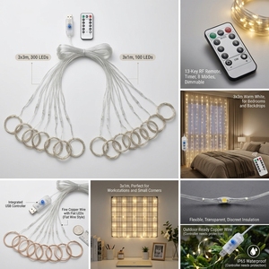 USB Güçlü Bakır Tel Perde Işıkları Uzaktan Kumandalı Kısılabilir Zamanlayıcılı İç Mekan Tatil Dekorasyonu - Product Image 2