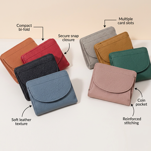 WRIZA Porte-cartes en cuir véritable, portefeuille fin à fermeture pliante, pochette compacte de couleur unie, style minimaliste unisexe, longueur courte - Product Image 5