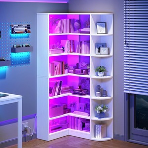 Hot Selling 6 Tier Black Mdf Hoek Boekenplank Led Licht Moderne L-Vormige Opslag Display Plank Voor Home Office Houten Paneel Stijl