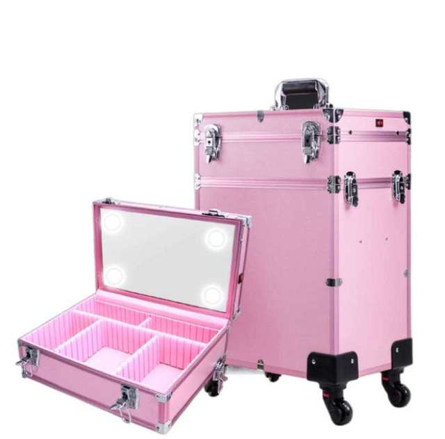 Professional Large Travel LED Makeup Case Aluminum Cosmetic Rolling Lockable Trolley Makeup Train Case with Wheels