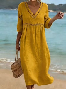 Abito lungo da donna in cotone plissettato a maniche a <span class=keywords><strong>tre</strong></span> <span class=keywords><strong>quarti</strong></span>, tinta unita, scollo a V, elegante e casual, nuova collezione Primavera/Estate 2026 - Product Image 6