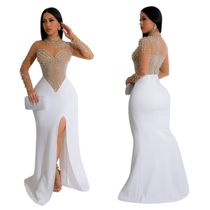 Robe de soirée à col rond et à manches longues avec fente haute pour femmes Robe de soirée de couleur unie - Product Image 4