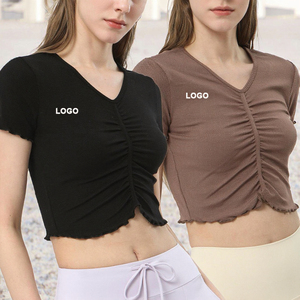 เสื้อออกกำลังกายคอวีแบบผ่าหน้ามีจีบแห้งเร็วระบายอากาศได้ดีสำหรับวิ่งโยคะกลางแจ้งแขนสั้นพิมพ์ลายด้านหน้า - Product Image 3