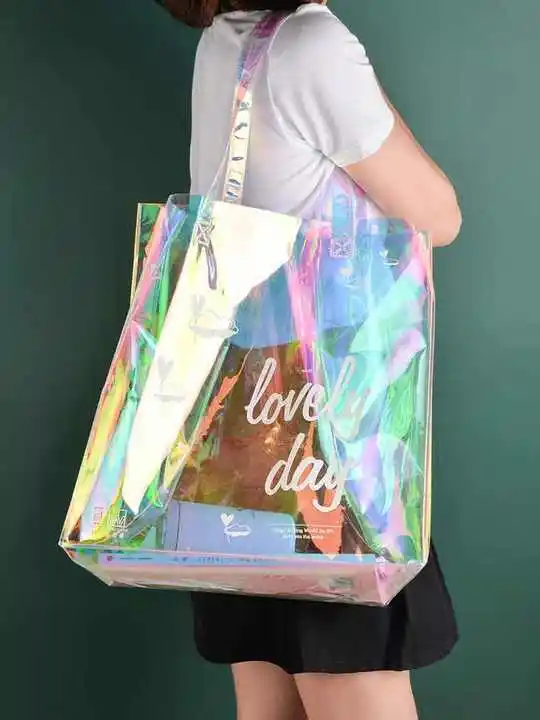 Custom Logo Plastic Clear Transparent Waterproof PVC Tote Bag Shopping bag with Zipper and Pocket