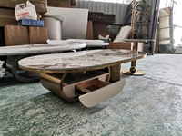 Table basse moderne de luxe en acier inoxydable doré avec plateau en marbre Calcutta Viola et tiroir, ensemble de tables basses en pierre frittée