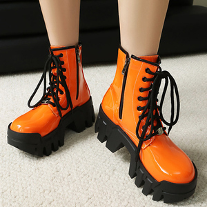 Bottines à lacets pour femme, grande taille 44, coupe large, talons épais et plateforme, semelle épaisse, en cuir verni - Product Image 3