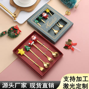 Christmas tableware stainless steel spoon fork creative coffee mixing spoon dessert spoon fork gift set - Product Image 1