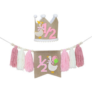 Rose <span class=keywords><strong>1</strong></span>/2 Demi-<span class=keywords><strong>anniversaire</strong></span> Décorations Fête Canard Couronne Chapeau et Mi-chemin à Une Chaise Haute Gland Bannière pour Bébé Fille Garçon Filles - Product Image 1