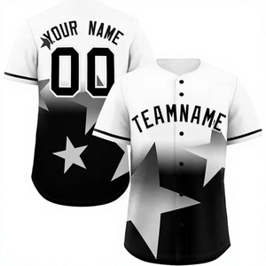 Maillot de baseball personnalisé avec impression du nom de l'équipe, sublimé, boutonné, unisexe, adulte, manches courtes, blanc, noir, design étoile - Product Image 1