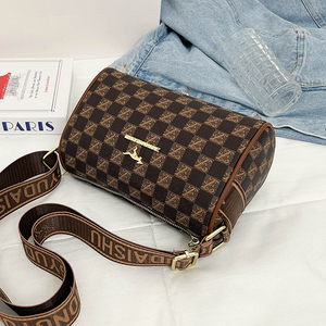Arrival Vintage Lady Bohemian Summer Checkerboard Printed Cylinder Crossbody Bag Chains Wide <strong>Strap</strong> Waterproof Pillow <strong>Shoulder</strong> - Product Image 4