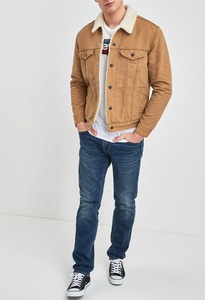 OEM Khaki Stocklot Colored <strong>Denim</strong> <strong>Sherpa</strong> Trucker <strong>Jackets</strong> for Men - Product Image 3