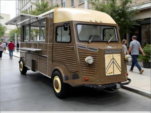 Food Truck Retrò con Carrozzeria in Alluminio Rivettato, Mobili in Noce, Resistente alla Ruggine, Chiosco Mobile per Snack e Dolciumi, Stile Auto d'Epoca - Product Image 1