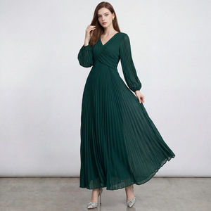 PY 2026 New Arrival Casual Miyake Pleated Dress Fashion V-Neck Lantern Sleeve Pleated Tiered Maxi Dress Bulk Clothing Wholesale - Product Image 1