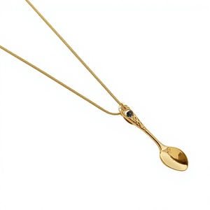 Small Spoon Gold Color with Chain Pendant Black Onyx Stone Spoon Pendant - Product Image 2