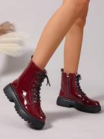 Botines de combate de charol burdeos para mujer con cordones, plataforma gruesa, suela de tacos y cremallera lateral, venta al por mayor, logotipo personalizado