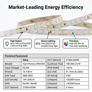 Bande lumineuse LED de qualité supérieure 180Lm/W 24V SMD 2835 144LEDs/m Haute luminosité Bande lumineuse LED flexible pour éclairage linéaire - Product Image 1