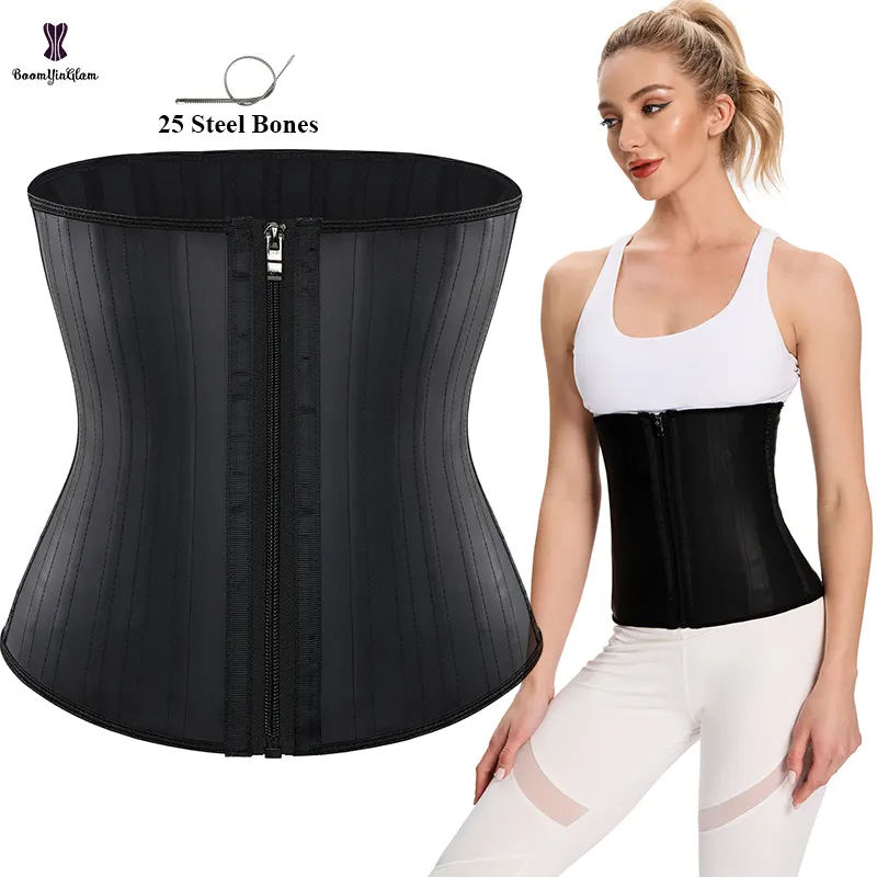 Zwarte Champagne Underbust Sport Cincher Womens Workout Body Shaper Rits Up Latex Taille Trainer Corset Riem Met 25 Robs