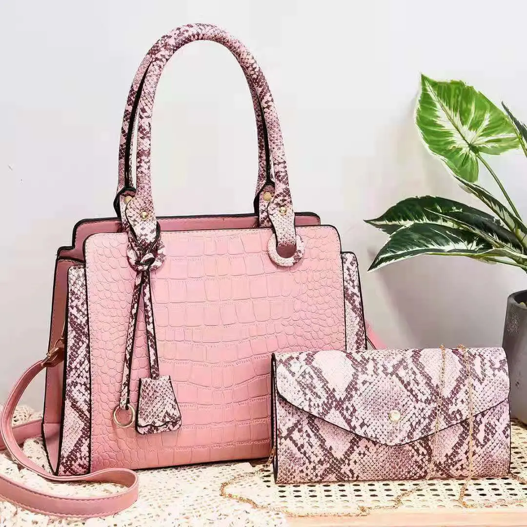 2022 Lady Designer Bags 2 Pieces Set Pu Leather Snake Pattern Tote Messenger & Clutch Bag Combine Colors Zipper Sling Purse