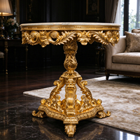 Table basse de luxe pour salon, table ronde en bois sculpté à la main doré de style européen avec plateau en marbre, table à thé, mobilier de maison, vente en gros