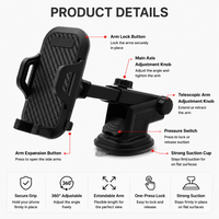 Support de téléphone portable universel 2 en 1 pour voiture, avec ventouse et bras télescopique, déverrouillage à une touche, support de téléphone rotatif à 360 degrés en plastique