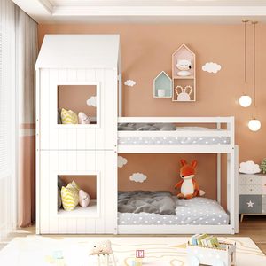 Lit superposé en bois pour enfants 90x200cm, lit mezzanine 2 places avec design <span class=keywords><strong>cabane</strong></span> et barrière, pour chambre à coucher - Product Image 5