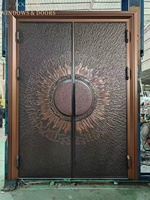 Porte de sécurité double en acier BOCHARM avec motif soleil en cuivre martelé, charnière lourde sculptée ornée pour villa de luxe et hôtel