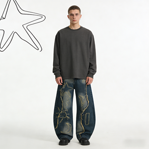 Jean ample en denim délavé foncé pour homme, imprimé étoiles, lune et soleil, style streetwear respirant et lavable - Product Image 4