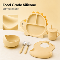 Ensemble d'alimentation pour bébé en silicone de qualité alimentaire personnalisé, comprenant une assiette compartimentée, un bol à ventouse, une tasse à paille, un bavoir, une fourchette et une cuillère pour tout-petits