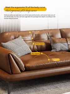 Canapé en cuir ciré de style français, luxe léger, moderne, minimaliste, rétro, mi-siècle, adapté aux petits salons/bureaux - Product Image 3