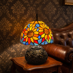 USB Dimmable Tiffany Stained Glass Sunflower <b>Table</b> Lamp Low Voltage Rose Embossed Base Vintage <b>Bedside</b> Decor Night Lamp - Product Image 1