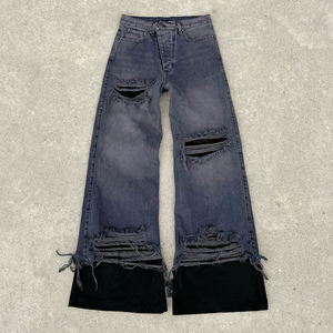 Jeans in Denim Effetto Consumato e Tinto 15oz, Jeans a <span class=keywords><strong>Doppio</strong></span> Strato con Apertura Asimmetrica, Accessori Metallici Personalizzati, Jeans Baggy da Uomo - Product Image 1
