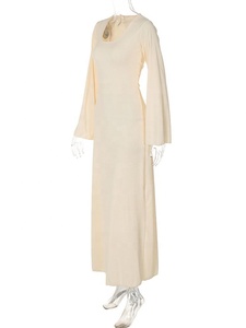 Abito Lungo Largo in Maglia con Scollo a U, Maniche Lunghe a Pagoda, Tinta Unita, Allacciatura Frontale, Vestito da Festa per Donne - Product Image 4