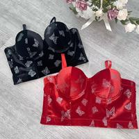 Top bustier court en velours vintage pour femmes, imprimé papillon argenté brillant, bretelles amovibles et réglables, veste pour femmes