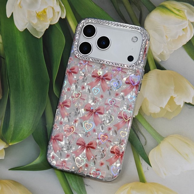 Coquette Bow Floral Phone Case with Iridescent Shell Texture Rhinestone Camera Frame Protective Case for iPhone 17 16 15 14 11